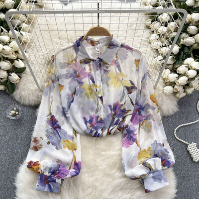 Lámpás ujjú női felsők Őszi vintage sifon ingek Női temperamentumos nyomtatással Lehajtható gallér gombok felső póló női