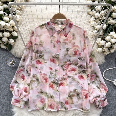 Lámpás ujjú női felsők Őszi vintage sifon ingek Női temperamentumos nyomtatással Lehajtható gallér gombok felső póló női