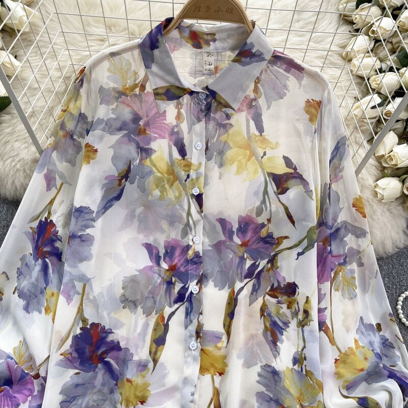 Lámpás ujjú női felsők Őszi vintage sifon ingek Női temperamentumos nyomtatással Lehajtható gallér gombok felső póló női