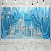 Fundal de poveste de iarnă în Țara Minunilor - Scenă de castel magic din poliester cu munți înzăpeziți și ziua de naștere cu pini