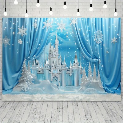 Fundal de poveste de iarnă în Țara Minunilor - Scenă de castel magic din poliester cu munți înzăpeziți și ziua de naștere cu pini