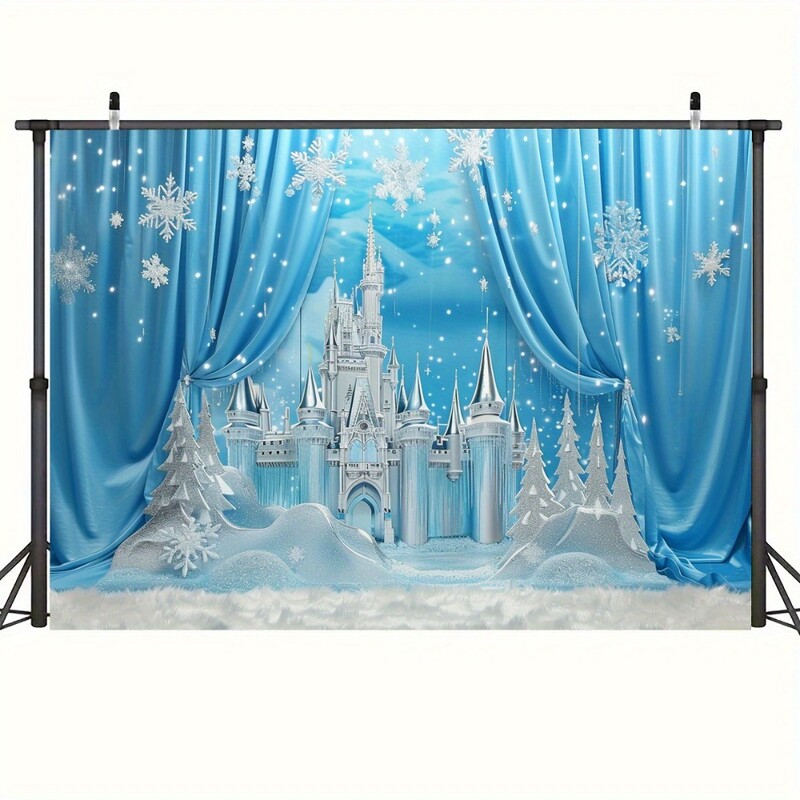 Fundal de poveste de iarnă în Țara Minunilor - Scenă de castel magic din poliester cu munți înzăpeziți și ziua de naștere cu pini