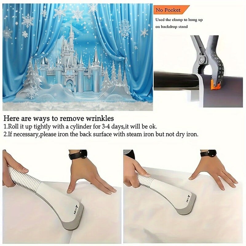 Fundal de poveste de iarnă în Țara Minunilor - Scenă de castel magic din poliester cu munți înzăpeziți și ziua de naștere cu pini