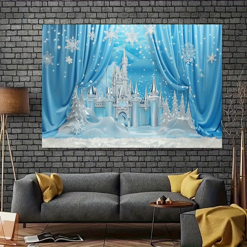 Fundal de poveste de iarnă în Țara Minunilor - Scenă de castel magic din poliester cu munți înzăpeziți și ziua de naștere cu pini