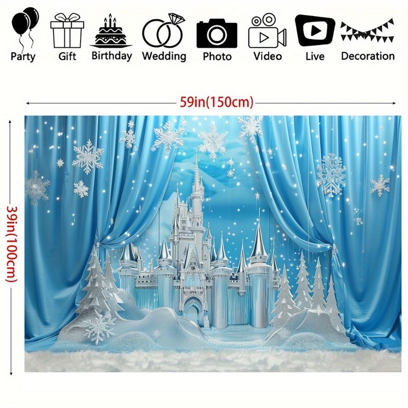 Fundal de poveste de iarnă în Țara Minunilor - Scenă de castel magic din poliester cu munți înzăpeziți și ziua de naștere cu pini