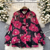 Elegáns mintás alkalmi hosszú lámpás ujjú alkalmi, egysoros alapok Lehúzható gallér High Street Vintage tavaszi nyári blúz