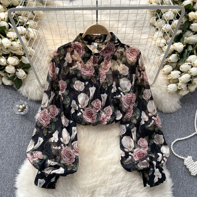 Elegáns mintás alkalmi hosszú lámpás ujjú alkalmi, egysoros alapok Lehúzható gallér High Street Vintage tavaszi nyári blúz