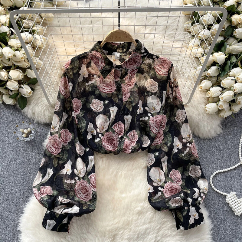 Elegáns mintás alkalmi hosszú lámpás ujjú alkalmi, egysoros alapok Lehúzható gallér High Street Vintage tavaszi nyári blúz