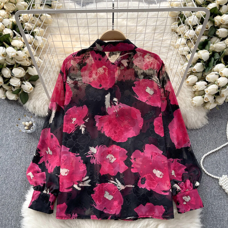 Elegáns mintás alkalmi hosszú lámpás ujjú alkalmi, egysoros alapok Lehúzható gallér High Street Vintage tavaszi nyári blúz