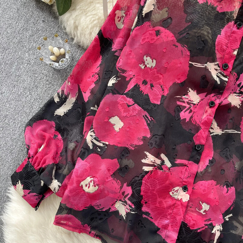 Elegáns mintás alkalmi hosszú lámpás ujjú alkalmi, egysoros alapok Lehúzható gallér High Street Vintage tavaszi nyári blúz