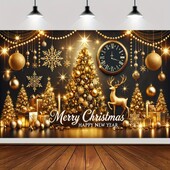 Nagy aranyfák, rénszarvasok és díszdobozok Kellemes karácsonyi ünnepeket és boldog új évet bannerek - családi és parti hátterek