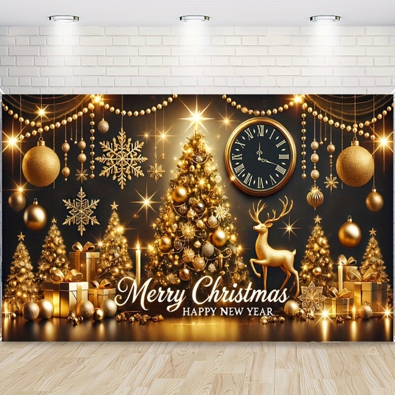 Nagy aranyfák, rénszarvasok és díszdobozok Kellemes karácsonyi ünnepeket és boldog új évet bannerek - családi és parti hátterek