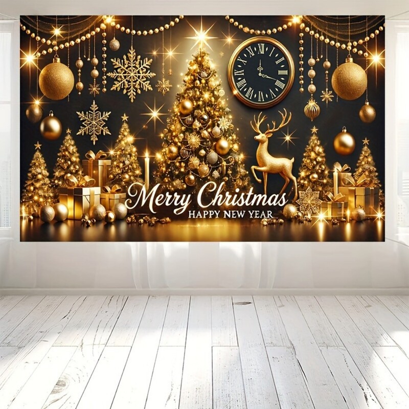 Nagy aranyfák, rénszarvasok és díszdobozok Kellemes karácsonyi ünnepeket és boldog új évet bannerek - családi és parti hátterek