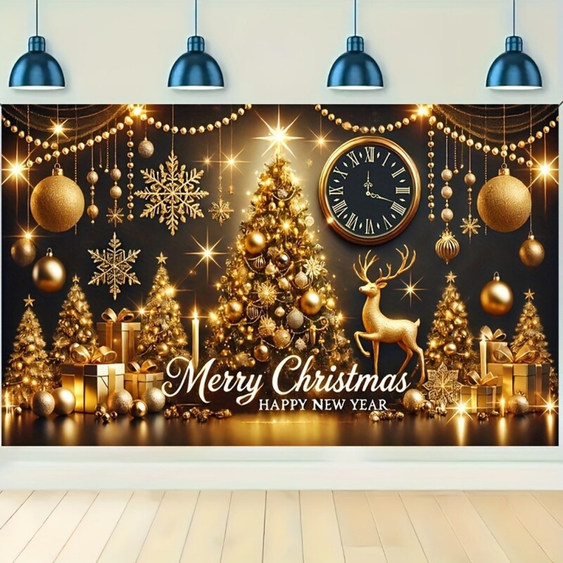 Nagy aranyfák, rénszarvasok és díszdobozok Kellemes karácsonyi ünnepeket és boldog új évet bannerek - családi és parti hátterek