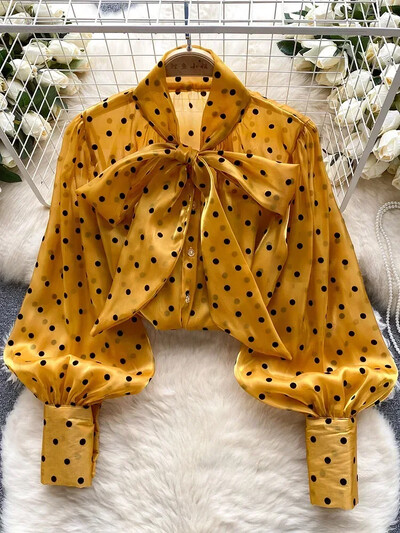 Női tavaszi őszi ing divat francia retro alkalmi csúcskategóriás pöttyös blúz buborékos ujjakkal, masni design felső D5660