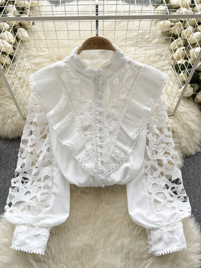 Női Vintage hímzett blúz Tavaszi Nyáron Vágott fodros Állógalléros ing francia hosszú ujjú ing felső