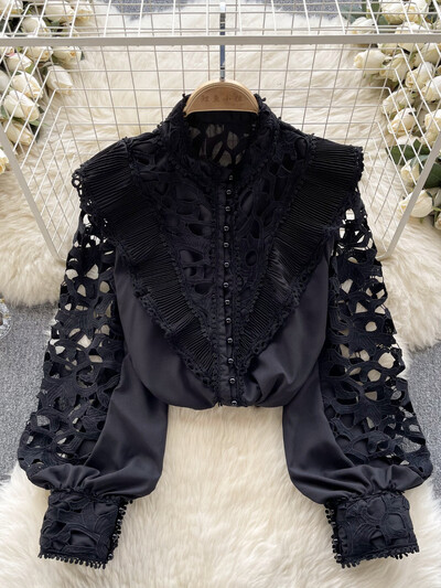 Női Vintage hímzett blúz Tavaszi Nyáron Vágott fodros Állógalléros ing francia hosszú ujjú ing felső