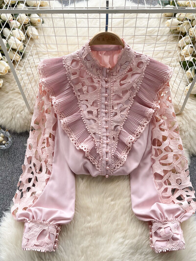 Női Vintage hímzett blúz Tavaszi Nyáron Vágott fodros Állógalléros ing francia hosszú ujjú ing felső