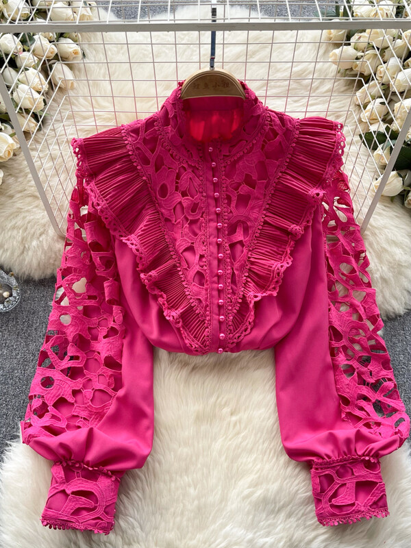 Női Vintage hímzett blúz Tavaszi Nyáron Vágott fodros Állógalléros ing francia hosszú ujjú ing felső