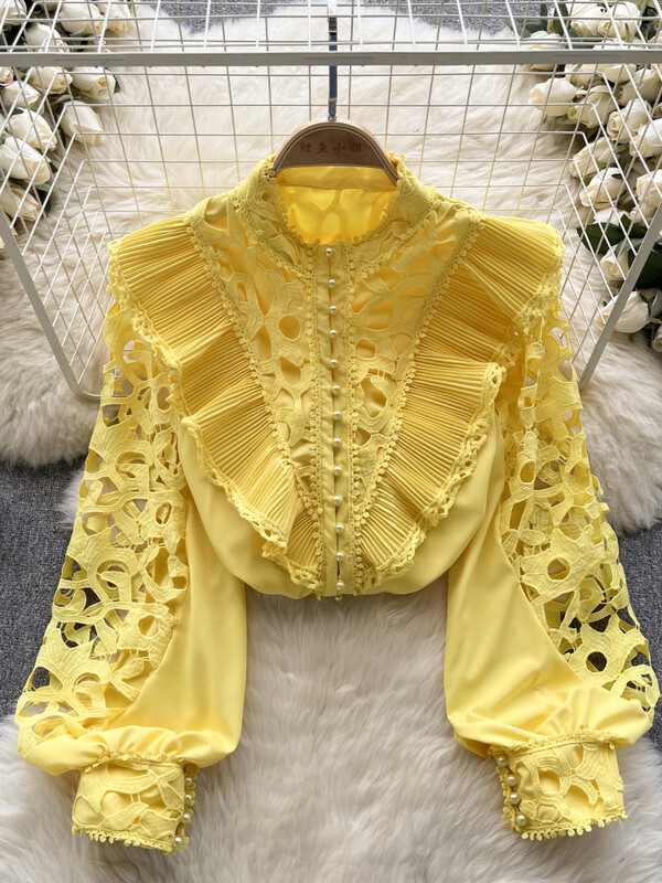 Női Vintage hímzett blúz Tavaszi Nyáron Vágott fodros Állógalléros ing francia hosszú ujjú ing felső