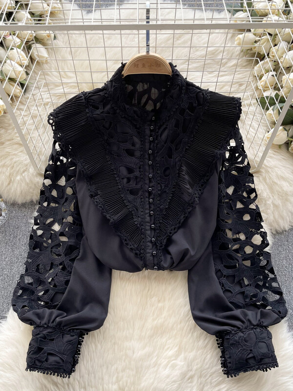 Női Vintage hímzett blúz Tavaszi Nyáron Vágott fodros Állógalléros ing francia hosszú ujjú ing felső