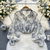 Elegáns Puff hosszú ujjú nyomtatott ing Vintage Elegáns koreai divat Alkalmi blúz Női Lehúzott gallér Y2k Sifon nyári felső új