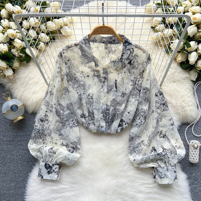 Elegáns Puff hosszú ujjú nyomtatott ing Vintage Elegáns koreai divat Alkalmi blúz Női Lehúzott gallér Y2k Sifon nyári felső új