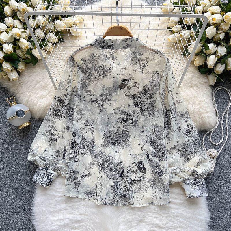 Elegáns Puff hosszú ujjú nyomtatott ing Vintage Elegáns koreai divat Alkalmi blúz Női Lehúzott gallér Y2k Sifon nyári felső új