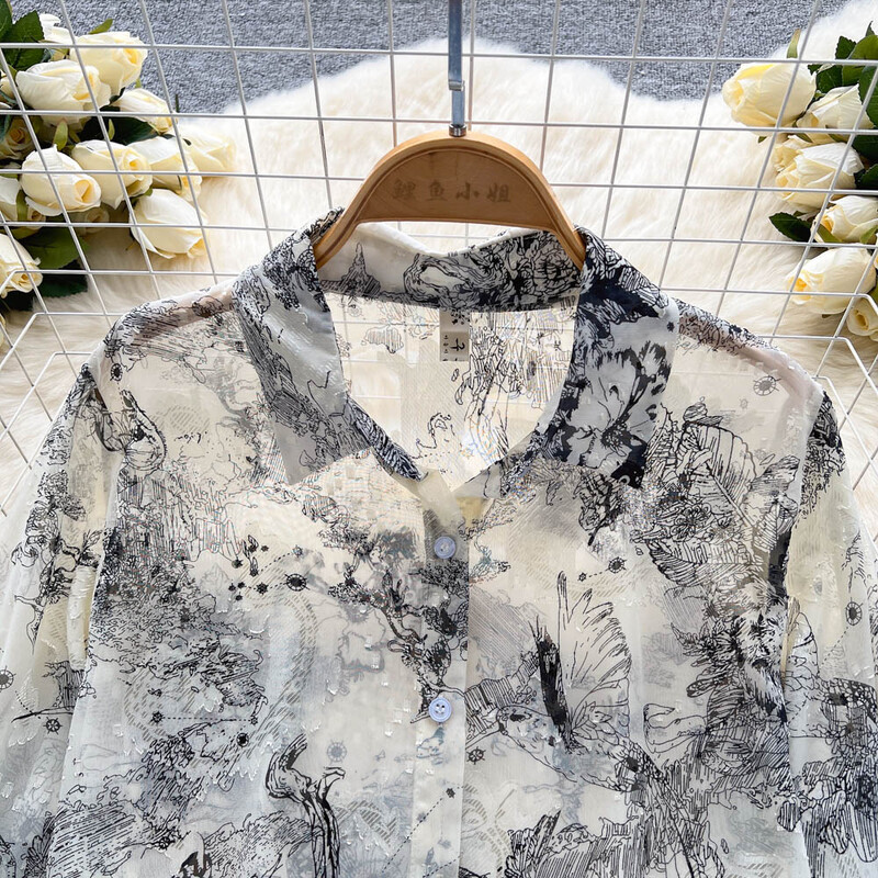 Elegáns Puff hosszú ujjú nyomtatott ing Vintage Elegáns koreai divat Alkalmi blúz Női Lehúzott gallér Y2k Sifon nyári felső új