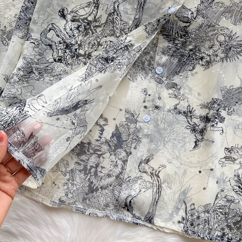 Elegáns Puff hosszú ujjú nyomtatott ing Vintage Elegáns koreai divat Alkalmi blúz Női Lehúzott gallér Y2k Sifon nyári felső új