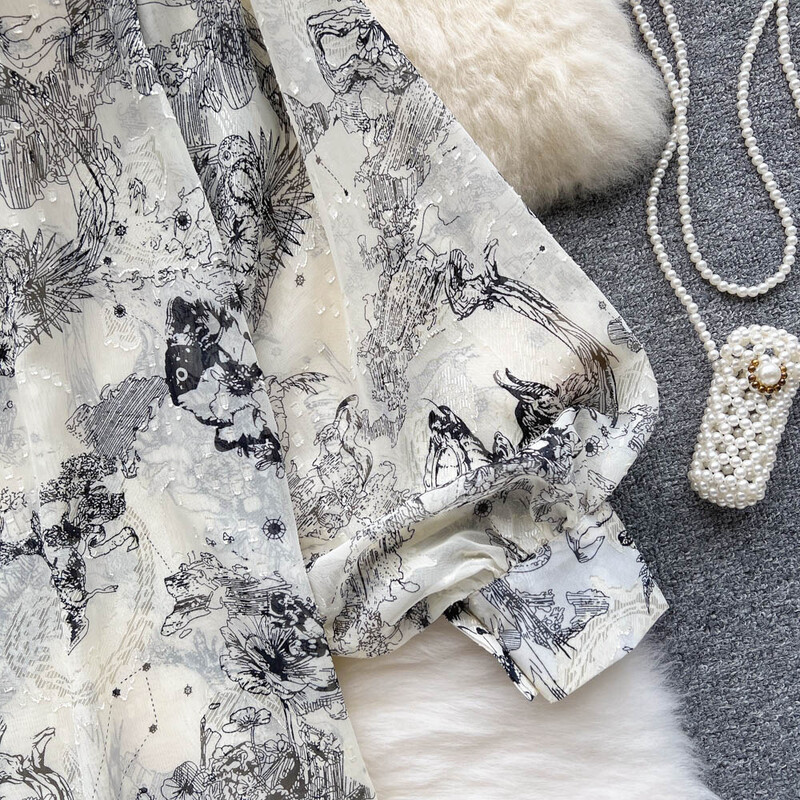 Elegáns Puff hosszú ujjú nyomtatott ing Vintage Elegáns koreai divat Alkalmi blúz Női Lehúzott gallér Y2k Sifon nyári felső új