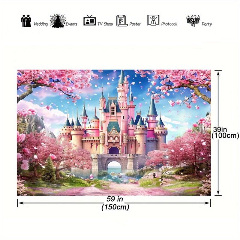 Fundal fermecător al castelului de basm cu flori de cireș roz vibrant - zile de naștere, nunți, petreceri și ocazii speciale