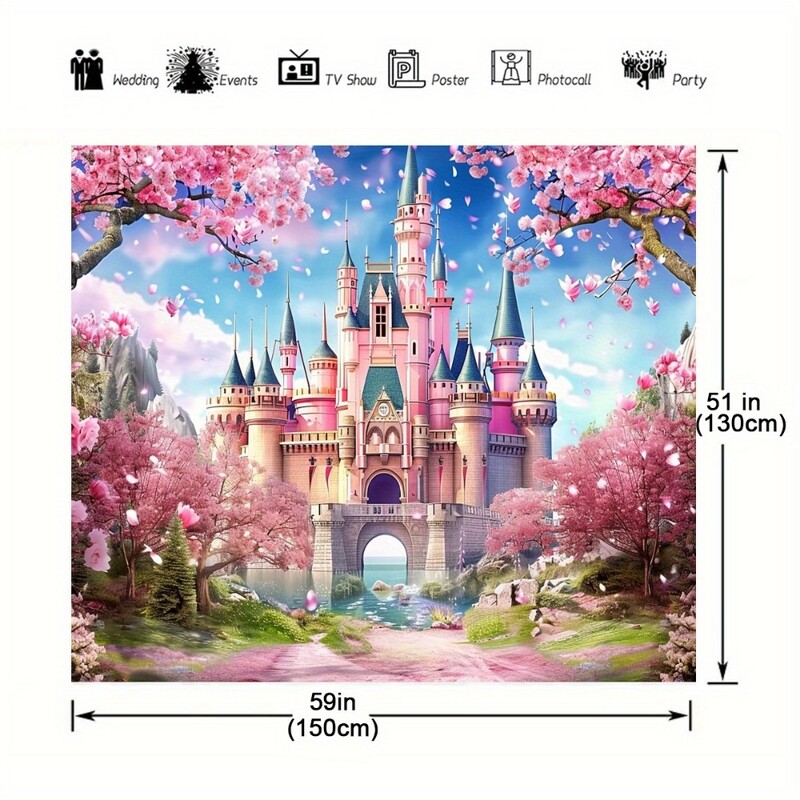 Fundal fermecător al castelului de basm cu flori de cireș roz vibrant - zile de naștere, nunți, petreceri și ocazii speciale