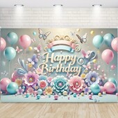 Élénk pasztell születésnapi transzparens - "Nagy poliészter háttér színes léggömbökkel, virágokkal és pillangókkal.