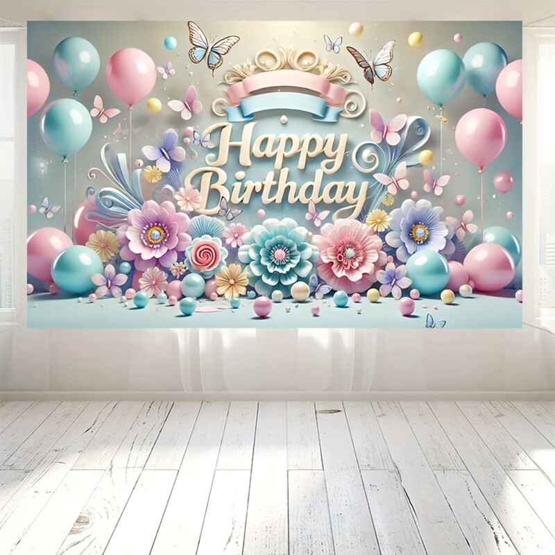 Élénk pasztell születésnapi transzparens - "Nagy poliészter háttér színes léggömbökkel, virágokkal és pillangókkal.