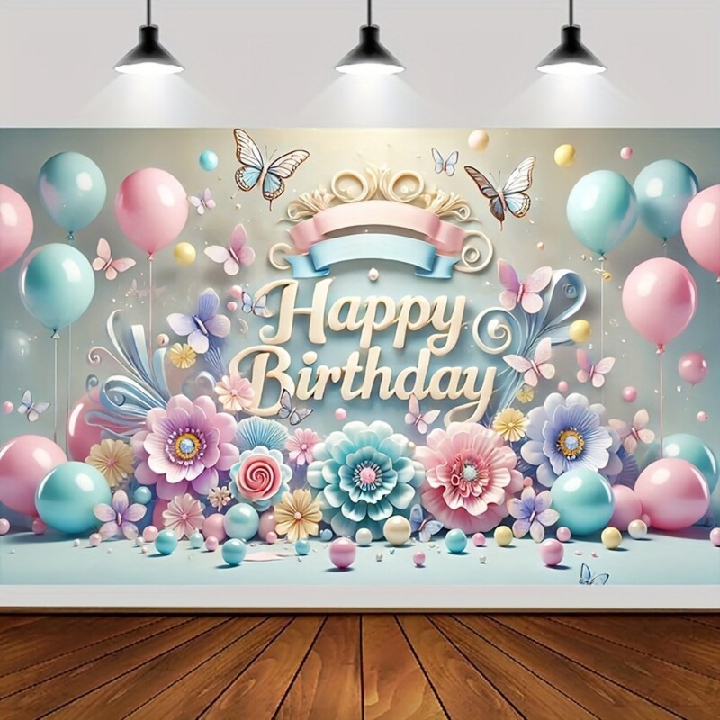 Élénk pasztell születésnapi transzparens - "Nagy poliészter háttér színes léggömbökkel, virágokkal és pillangókkal.