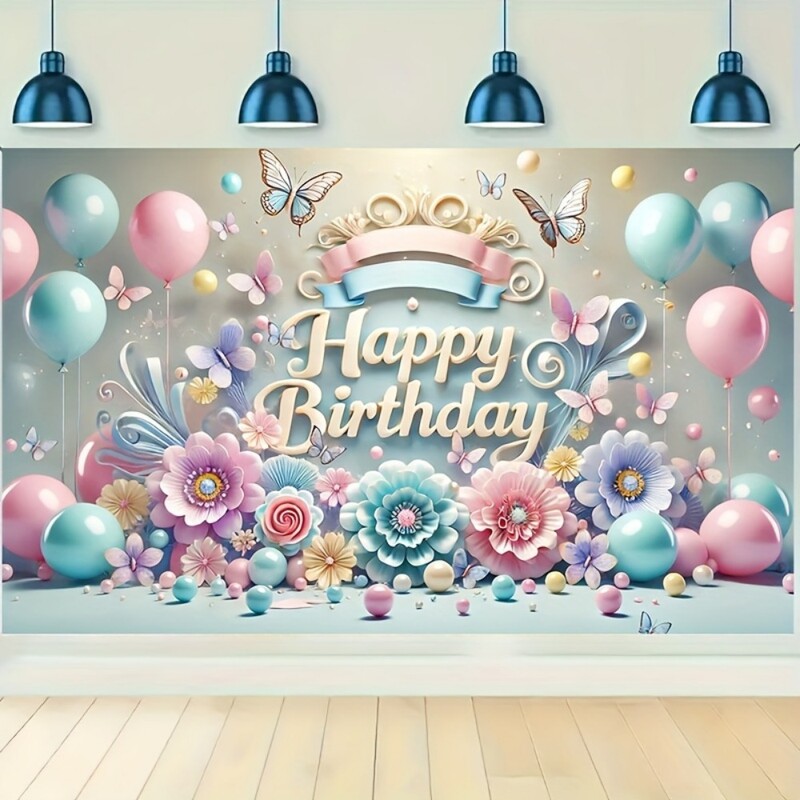 Élénk pasztell születésnapi transzparens - "Nagy poliészter háttér színes léggömbökkel, virágokkal és pillangókkal.