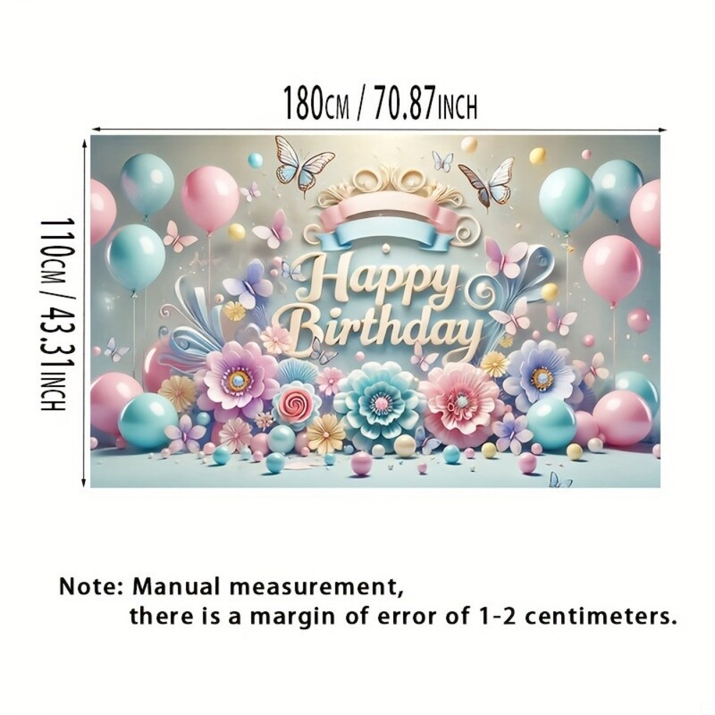 Élénk pasztell születésnapi transzparens - "Nagy poliészter háttér színes léggömbökkel, virágokkal és pillangókkal.