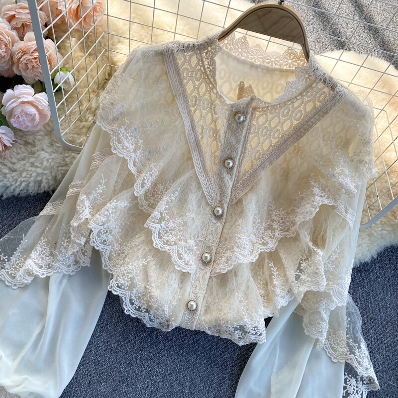 2022-es új tavaszi ingek tömör fodros csipke patchwork elegáns női blúzok felsők felfújt ujjú, egysoros blusák