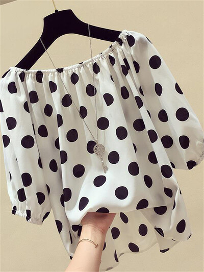 Moteriškos pavasario vasaros stiliaus šifoninės palaidinės Marškiniai Lady Casual Slash Neck Taškeliais marginti Blusas viršūnės DF2848