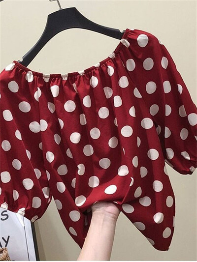 Moteriškos pavasario vasaros stiliaus šifoninės palaidinės Marškiniai Lady Casual Slash Neck Taškeliais marginti Blusas viršūnės DF2848
