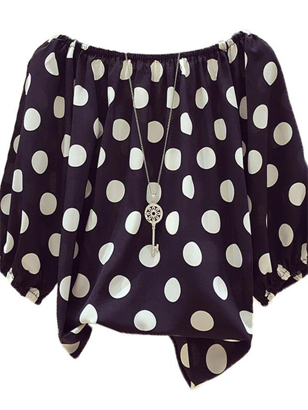 Női Tavasz Nyári Stílusú Sifon Blúzok Ingek Lady Casual Slash Neck Pöttyös nyomott blusas felsők DF2848