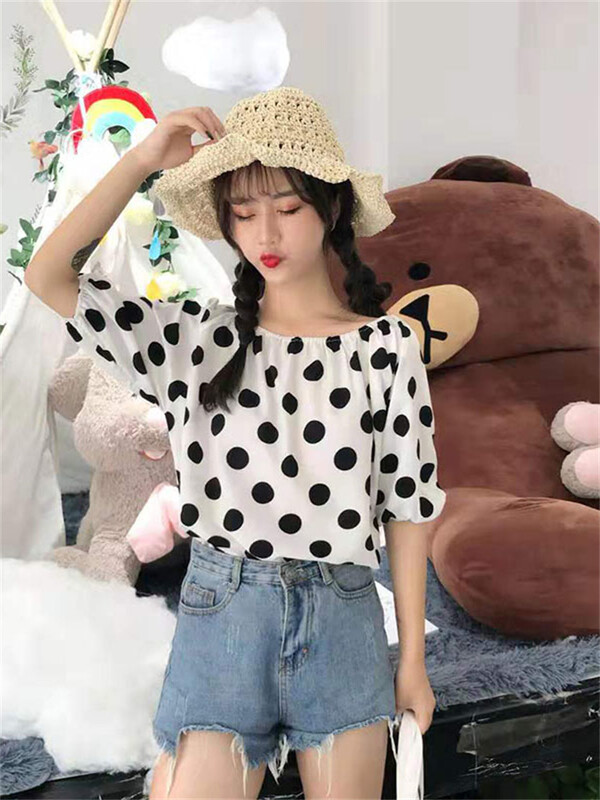 Női Tavasz Nyári Stílusú Sifon Blúzok Ingek Lady Casual Slash Neck Pöttyös nyomott blusas felsők DF2848