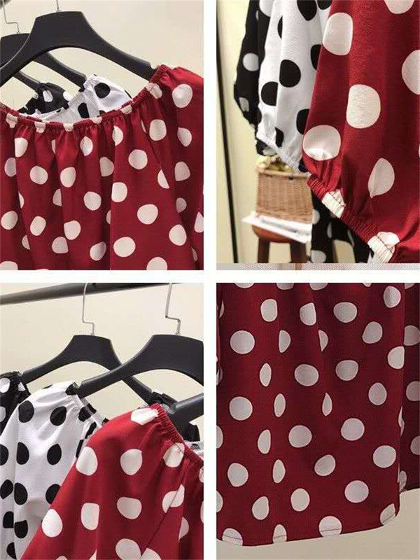 Női Tavasz Nyári Stílusú Sifon Blúzok Ingek Lady Casual Slash Neck Pöttyös nyomott blusas felsők DF2848