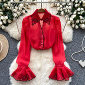 Elegáns francia blúz női flitterek hímzés lehajtható gallér flare ujjú bluza nőies őszi sifon ingek dropship