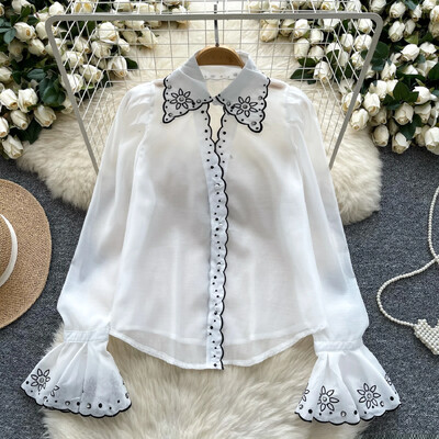 Elegáns francia blúz női flitterek hímzés lehajtható gallér flare ujjú bluza nőies őszi sifon ingek dropship