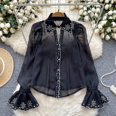 Elegáns francia blúz női flitterek hímzés lehajtható gallér flare ujjú bluza nőies őszi sifon ingek dropship