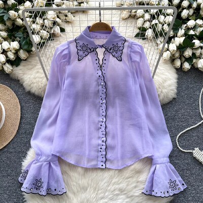 Elegáns francia blúz női flitterek hímzés lehajtható gallér flare ujjú bluza nőies őszi sifon ingek dropship