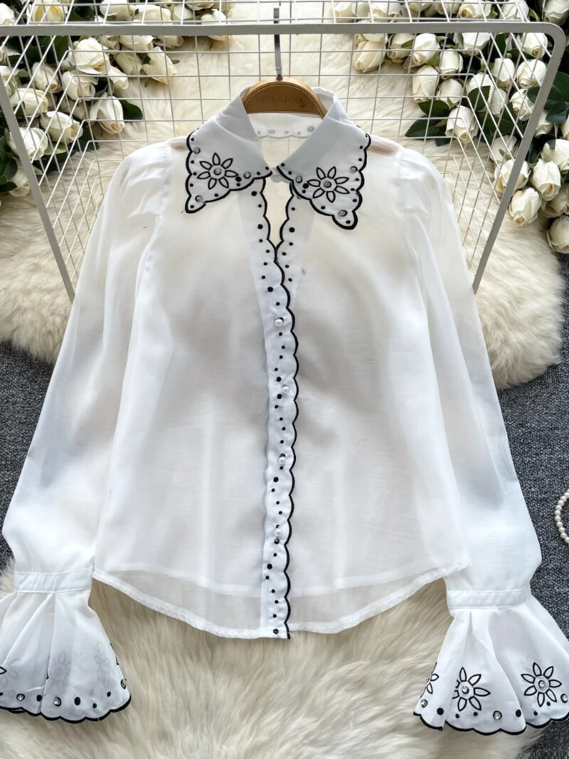 Elegáns francia blúz női flitterek hímzés lehajtható gallér flare ujjú bluza nőies őszi sifon ingek dropship