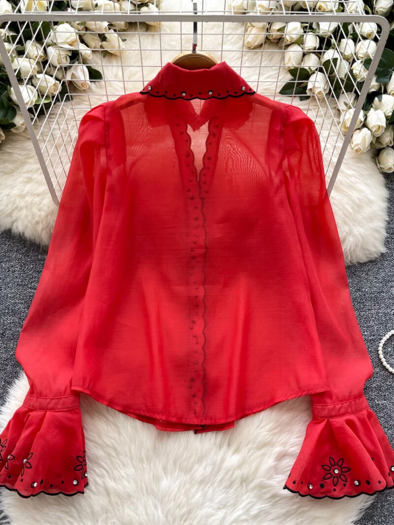 Elegáns francia blúz női flitterek hímzés lehajtható gallér flare ujjú bluza nőies őszi sifon ingek dropship